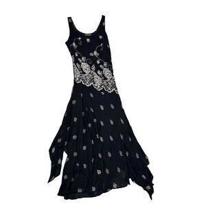 Midnight Velvet Beaded Midi Dress Black White Fit Flare Floral Asymmetrical Y2K